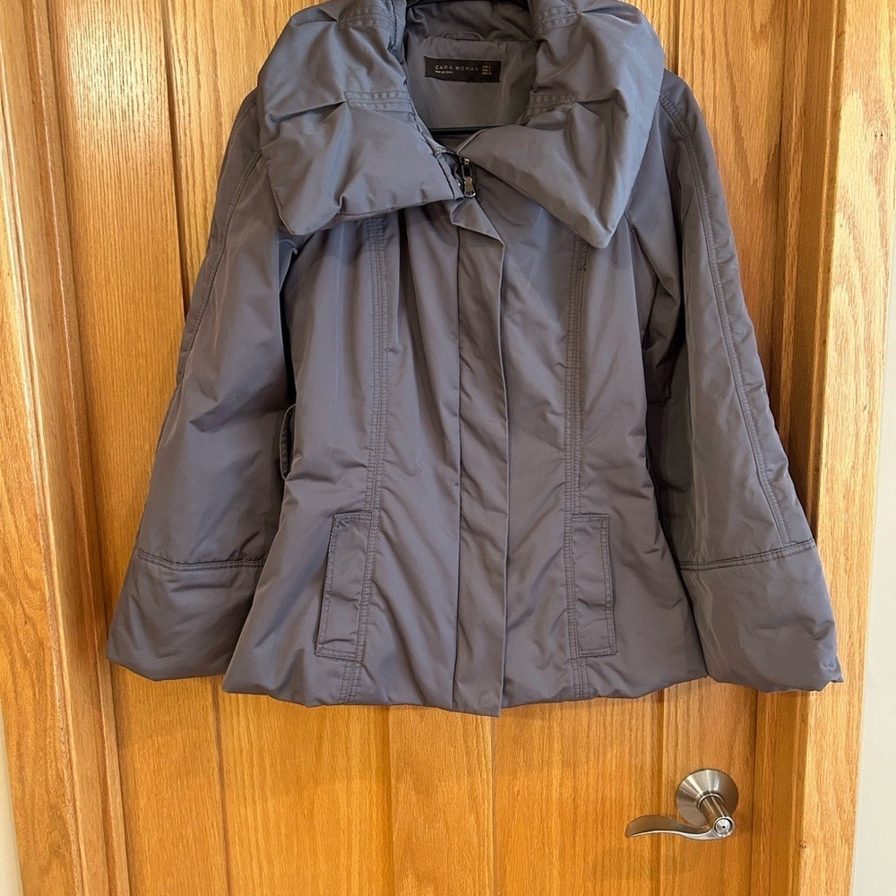 Zara Woman Taupe Puffer Jacket Oversized Collar Peplum Hem Women's Size Small